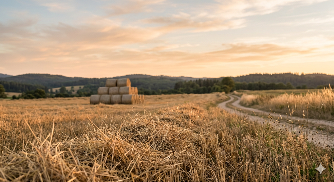 Imagen artística de un campo de paja dorada al atardecer, minimalista y de alta resolución.